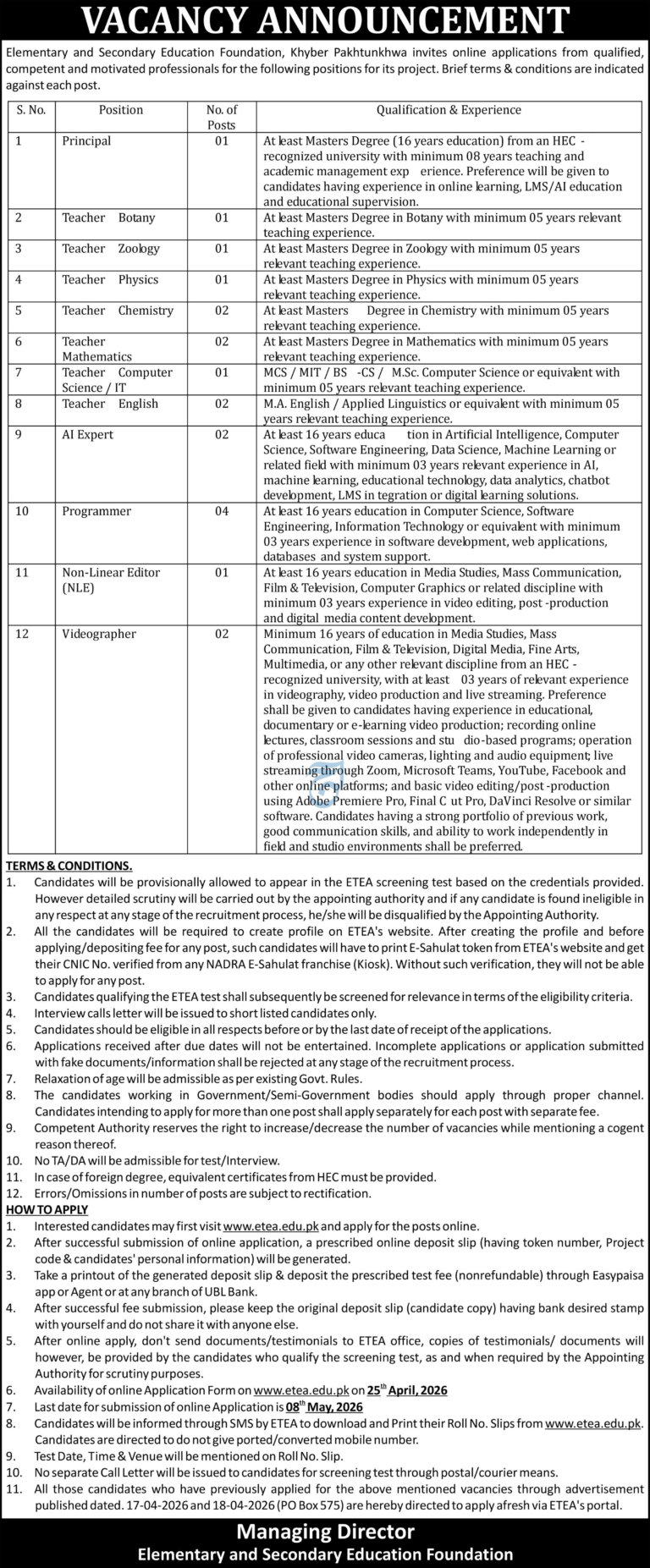 ESEF KP Jobs 2026 - Elementary & Secondary Education Foundation KPK Jobs 2026 – Online Apply