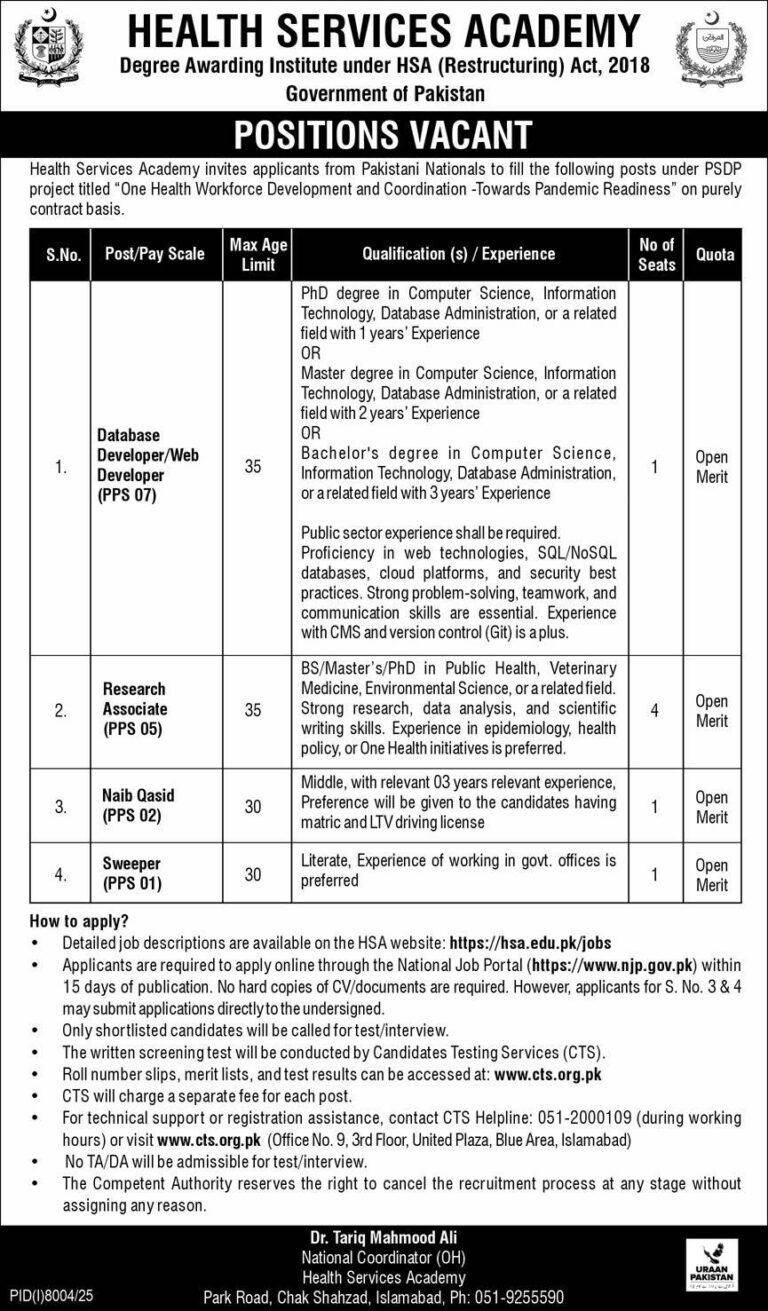 Health Services Academy (HSA) Jobs 2026, HSA Islamabad Vacancies, Government Jobs in Pakistan,
