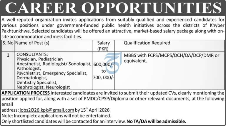 KPK Public Health Department Consultant Jobs 2026 - Apply for Specialist Consultant Positions (Salary up to 700,000 PKR)