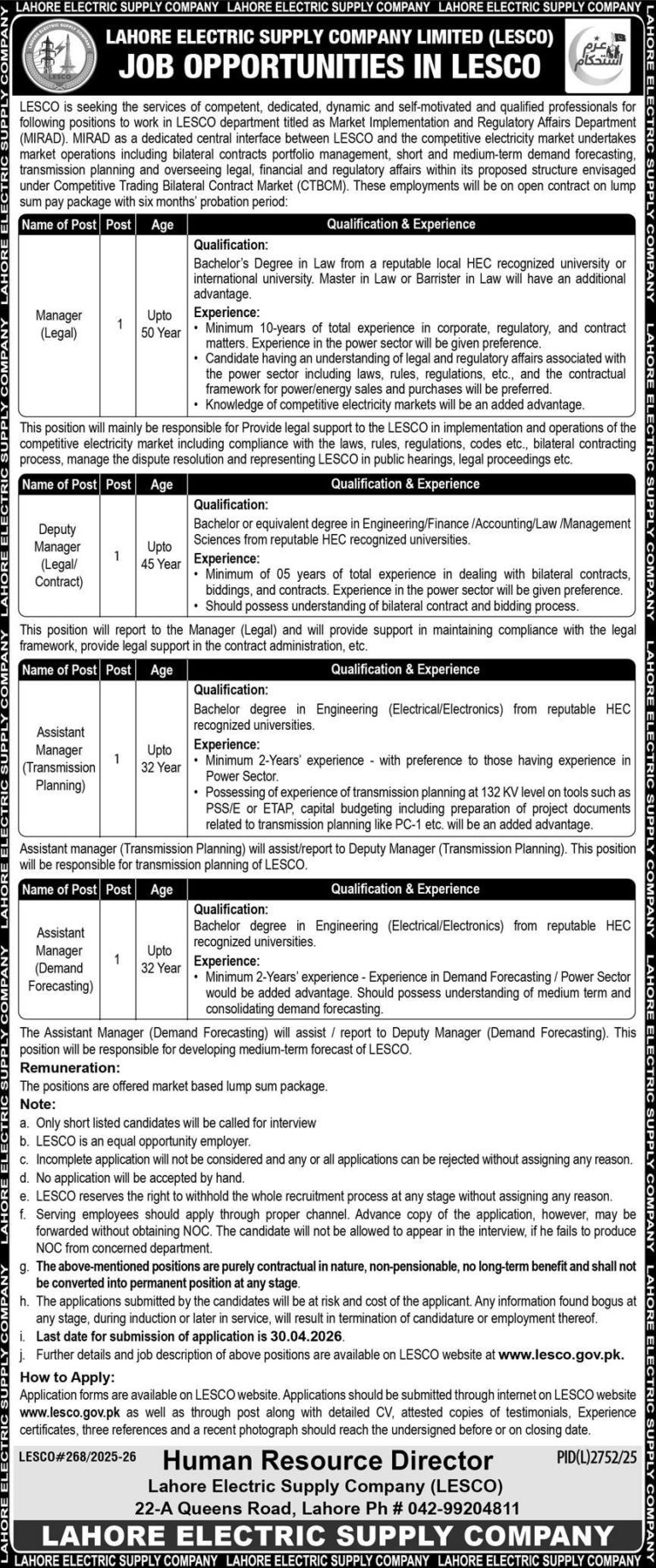 LESCO Jobs 2026: Apply Online for Managerial Positions at Lahore Electric Supply Company