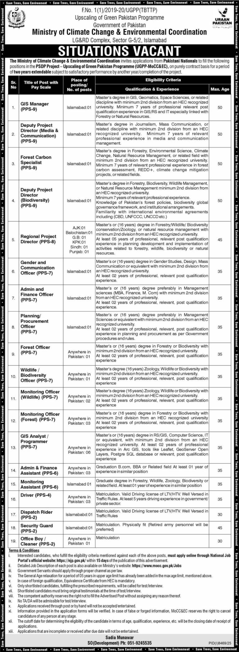 Ministry of Climate Change Jobs 2026 | Green Pakistan Programme (UGPP)