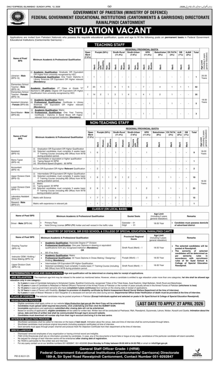 Ministry of Defence FGEI Jobs 2026 - Teaching & Non-Teaching Vacancies