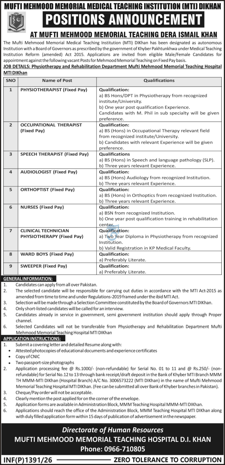 Mufti Mehmood Hospital DI Khan Jobs 2026. Vacancies for Physiotherapists, Nurses, Technicians, and more.