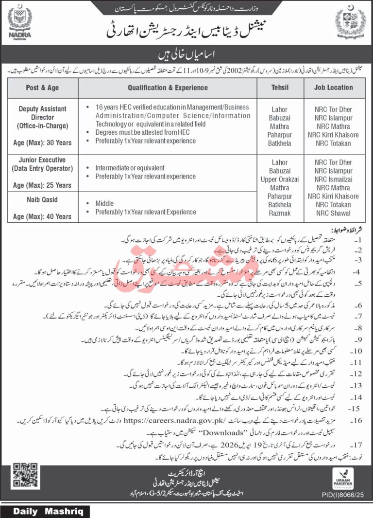 NADRA Jobs 2026 Latest Career Opportunities in National Database & Registration Authority
