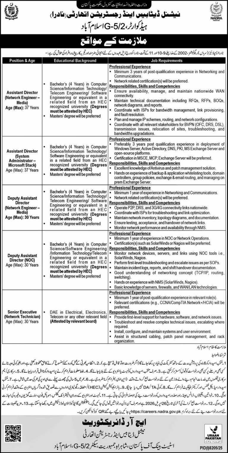 NADRA Jobs 2026 – Apply Online for Assistant Director & IT Staff in Islamabad