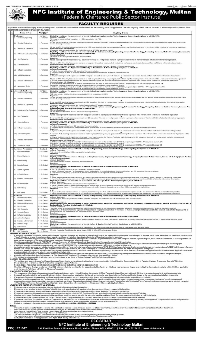 NFC IET Multan Jobs 2026 - Institute of Engineering & Technology Multan – Apply Online