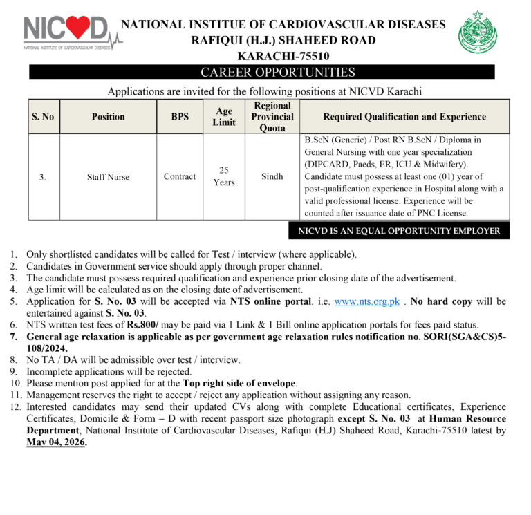 NICVD Karachi Jobs 2026 - National Institute of Cardiovascular Diseases Vacancies
