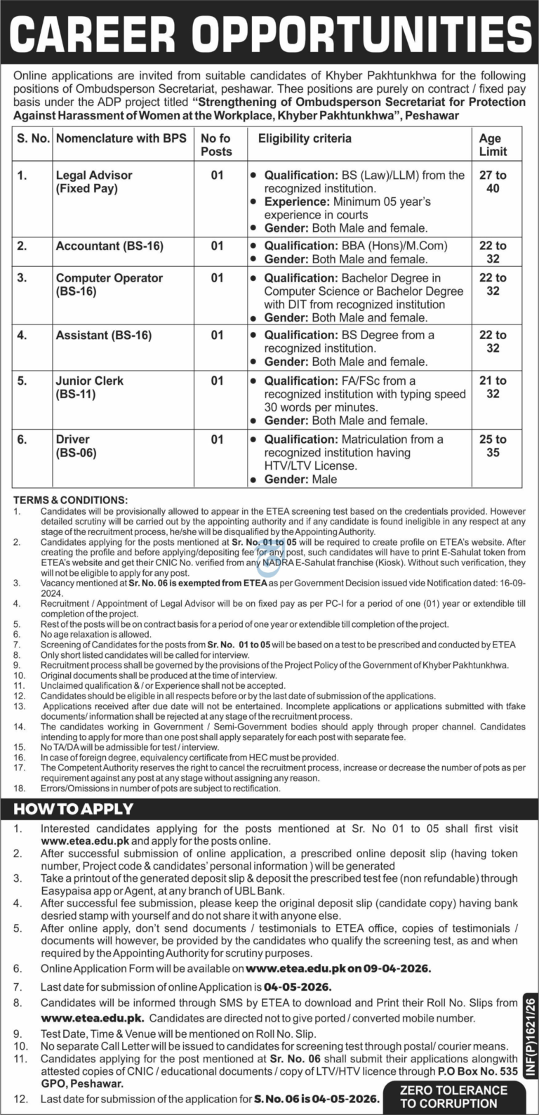 Ombudsman Secretariat Peshawar Jobs 2026 - Apply Online Now!
