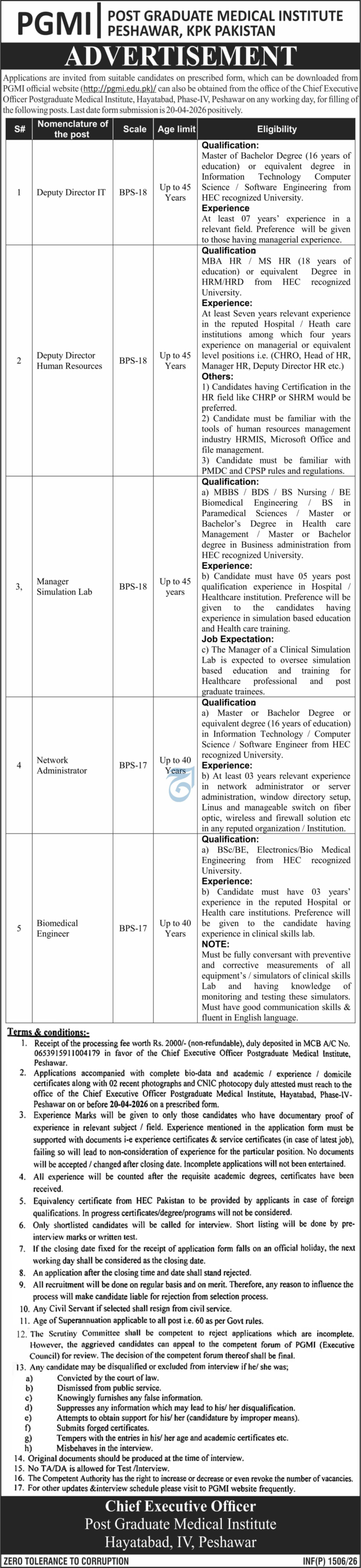 PGMI Peshawar Jobs 2026 – Post Graduate Medical Institute Career Opportunities