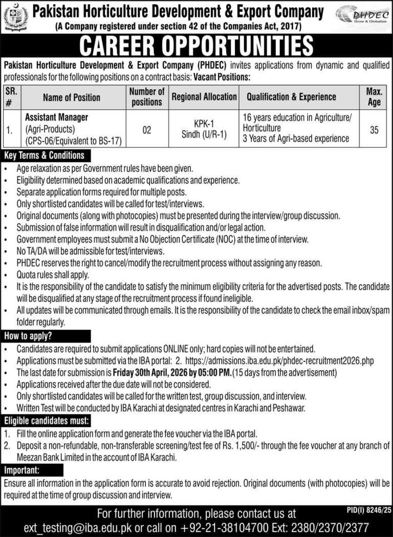PHDEC Jobs 2026 - Apply for Assistant Manager (Agri-Products) via IBA Portal