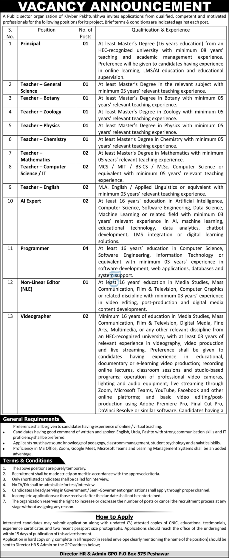 Public Sector Organization Peshawar Jobs 2026 Teacher, AI Expert & More