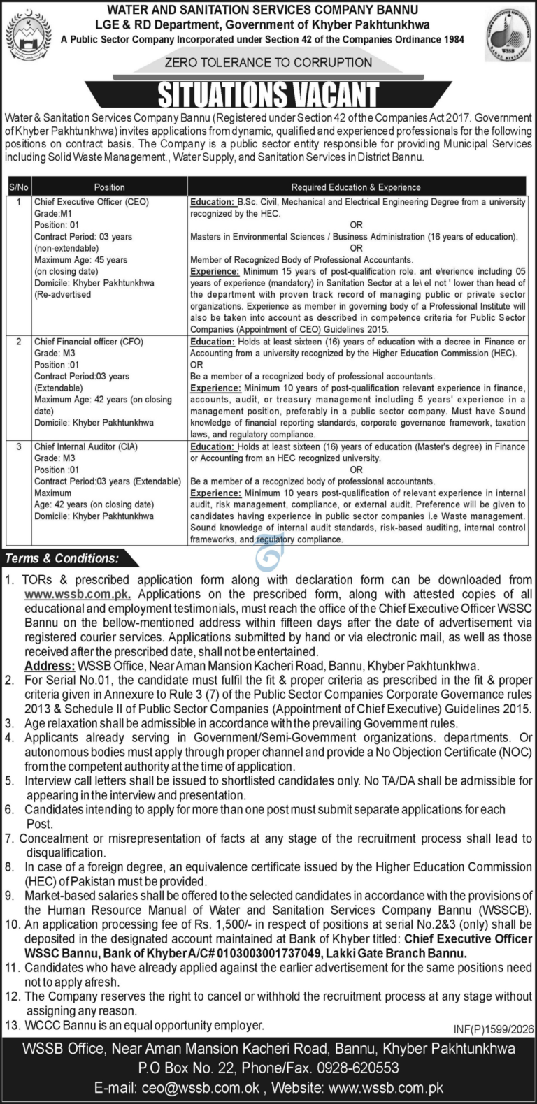 WSSC Bannu Jobs 2026 - Apply for executive positions