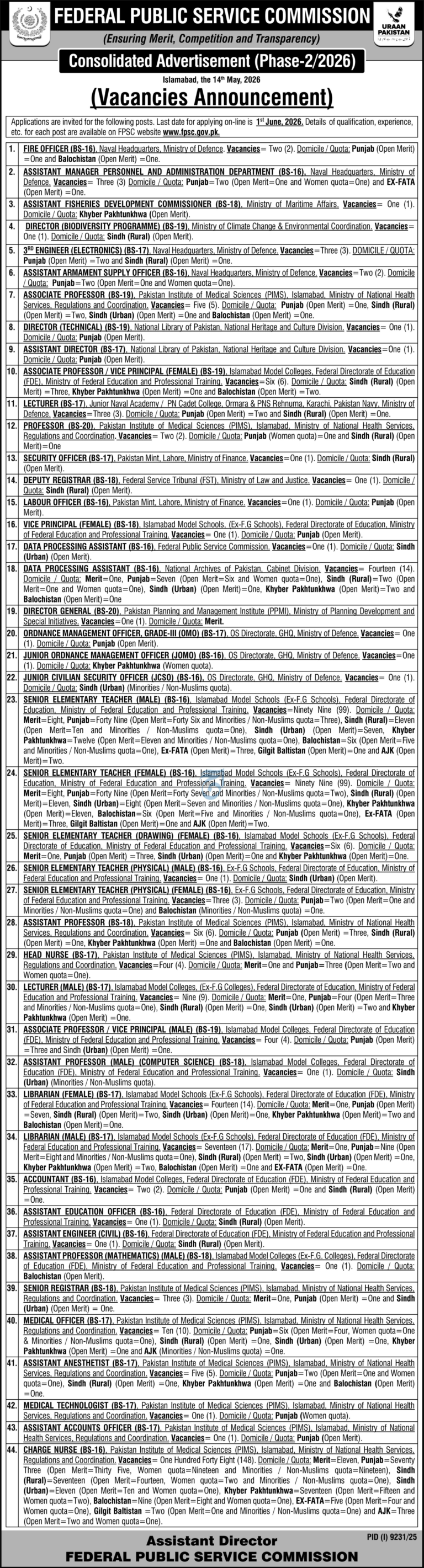 FPSC Jobs 2026 Consolidated Advertisement Phase - 22026