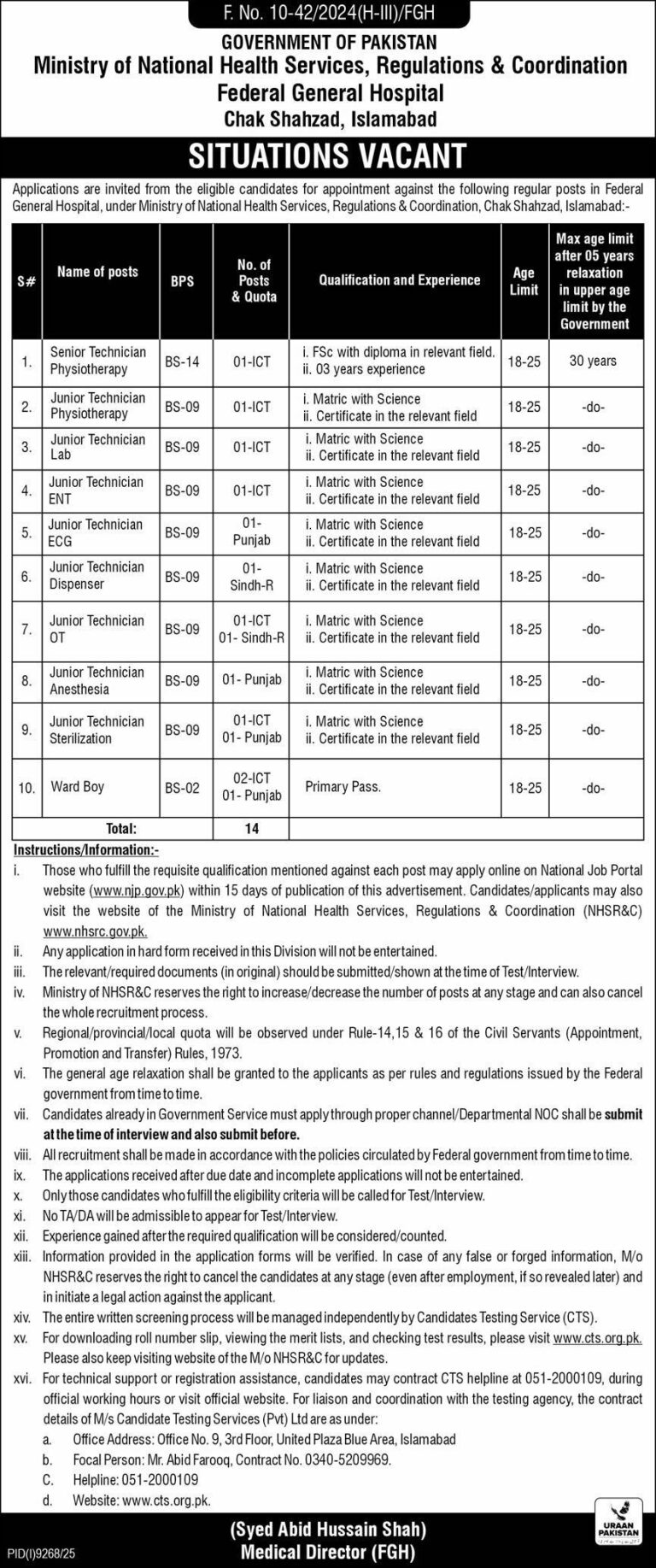 Federal General Hospital FGH Islamabad Jobs 2026 Apply Online