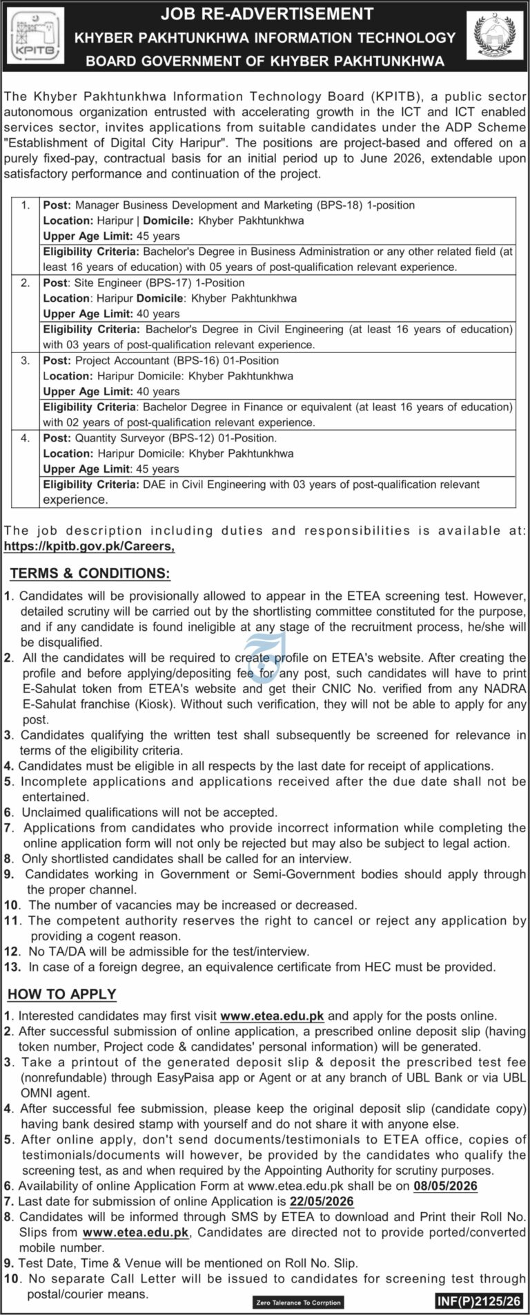 KPITB Jobs 2026 - Apply Online for Digital City Haripur Positions