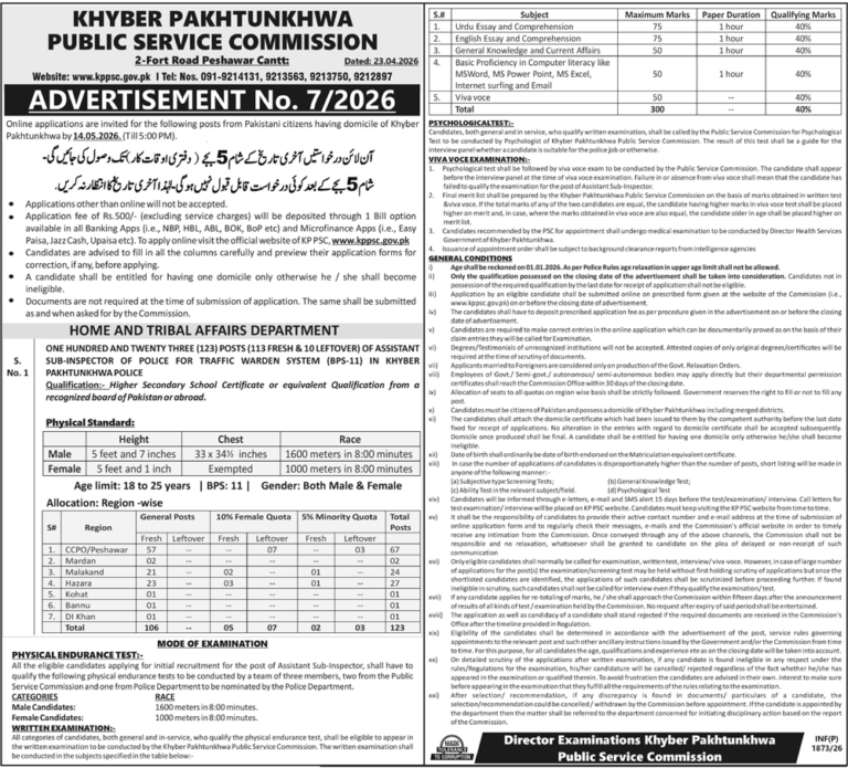 KPPSC Adv No 7/2026: 123+ Assistant Sub-Inspector (ASI) Jobs 2026 for the Traffic Warden System