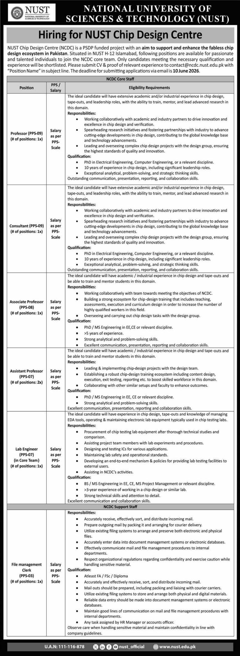 NUST Jobs 2026: Hiring for NUST Chip Design Centre (NCDC) | Apply Now