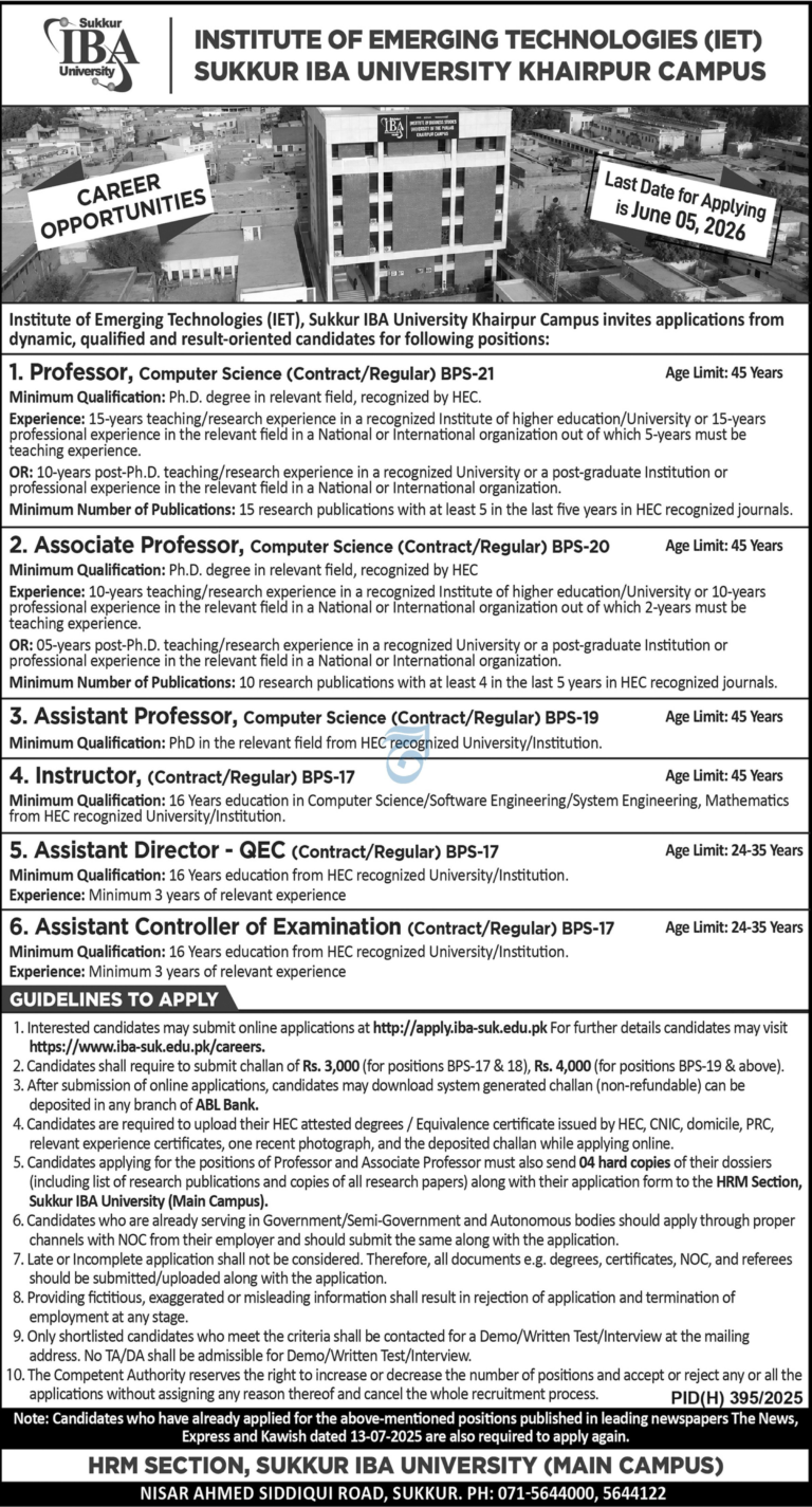 Sukkur IBA University Jobs 2026 - Institute of Emerging Technologies (IET) Jobs 2026 - Online Apply Now!
