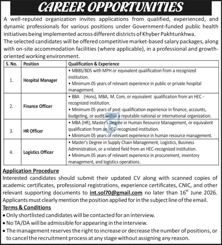 Public Health Jobs in Khyber Pakhtunkhwa 2026